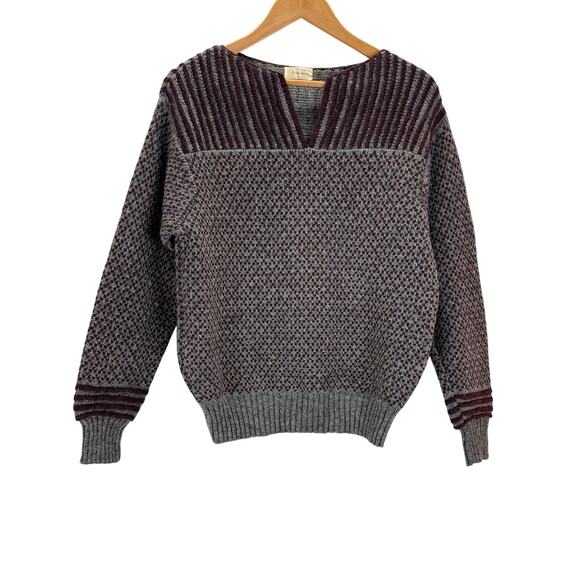 Handmade Knit Wool Sweater Womens M Gray Maroon Scotland Anna Skea Cottage Cntry - Picture 1 of 8